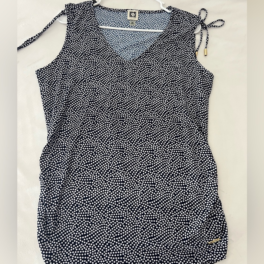 Anne Klein Navy and White Polka Dot Blouse Tank